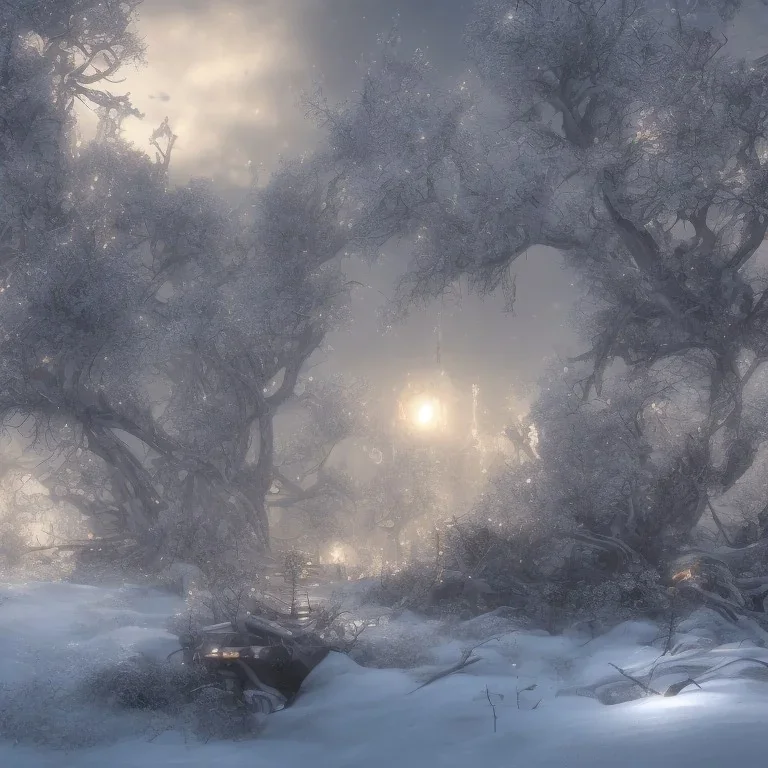 winter landscape, bells, ice, dreamy, science fiction