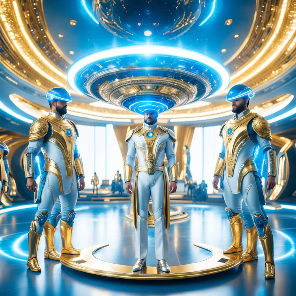 (masterpiece, best quality, 8k, RAW photo, beautiful and aesthetic:1.2), complex detail, Indirect light, photorealistic, (((full body))), Meeting of a group of Cosmic male gods smiling, Mixed, sci-fi, spiritual and cyborg outfit with golden futuristic artifacts, white, blue and silver elements- Inside a great room of a flying saucer with a round hublot showing a galactic sunset
