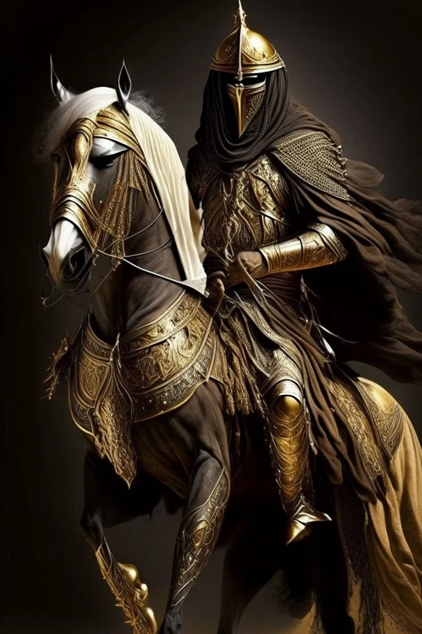 Arab warrior Full Body Full Armored Wearing Face Masculine Mysterious Powerful Fantasy High Quality Carrying his bow Golden clothes His horse behind him