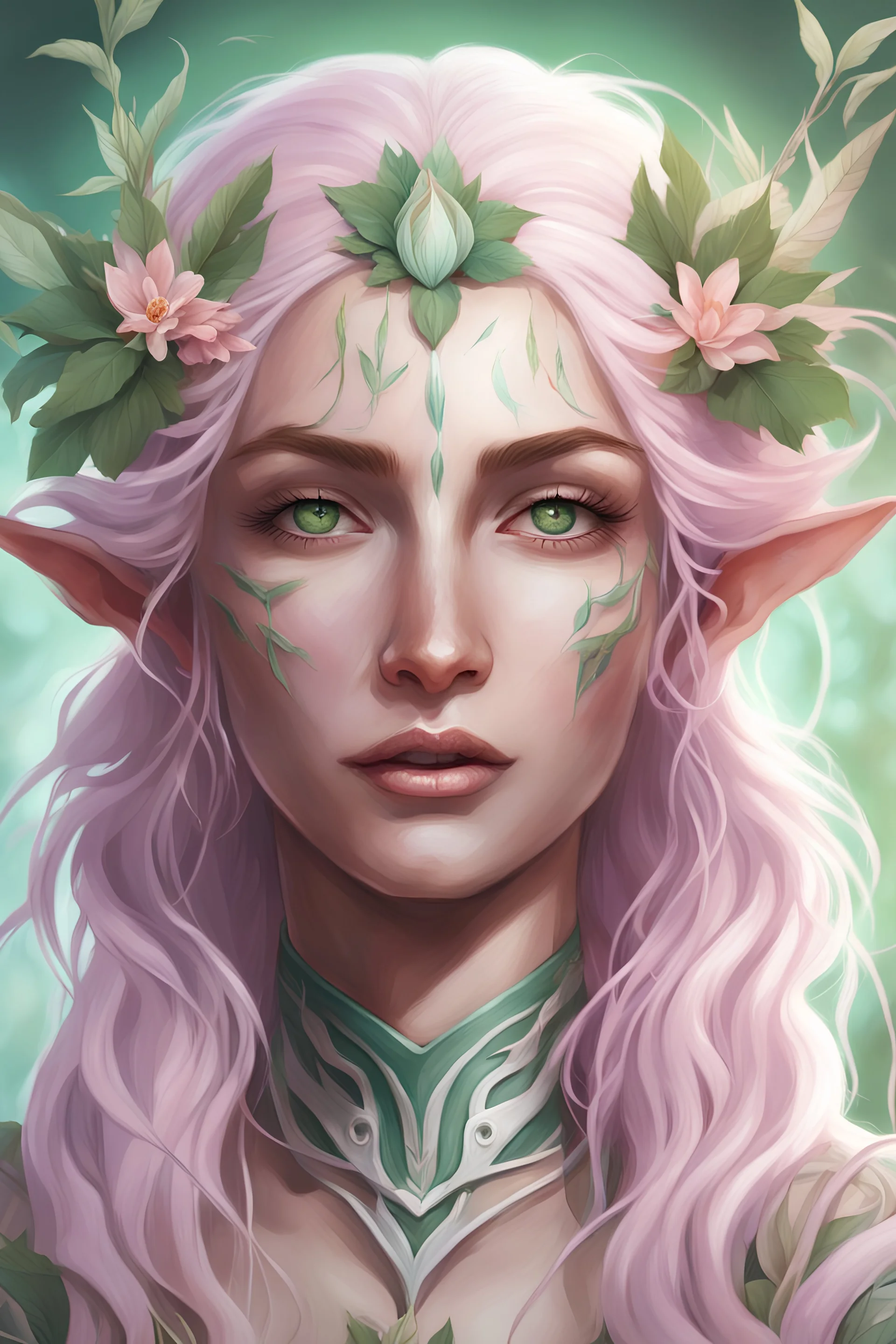 Portrait of a beautiful elvish woman with light pink skin and green hair. She has tropical flowers and vines growing in her hair and she wears a flowing white shirt. She wields a staff that invokes ideas of coastal life and the nature around it.