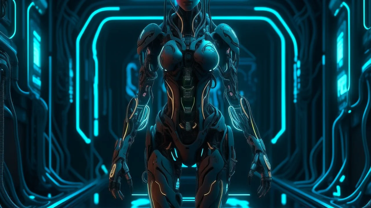 full body cyborg girl, futuristic aesthetic, blend of human and machine, realistic skin texture, mechanical limbs with elegant design, high-tech armor, neon circuit patterns, ((cyberpunk vibes)), illuminated by moody neon lighting, ultra detailed, ((4K resolution)), digital art, concept art, ((top-tier CGI quality)), art by ((Ian McQue)) and ((Masamune Shirow)), ((dynamic pose)), ((intricate detailing)), ((visually striking)), ((professional-grade color grading))