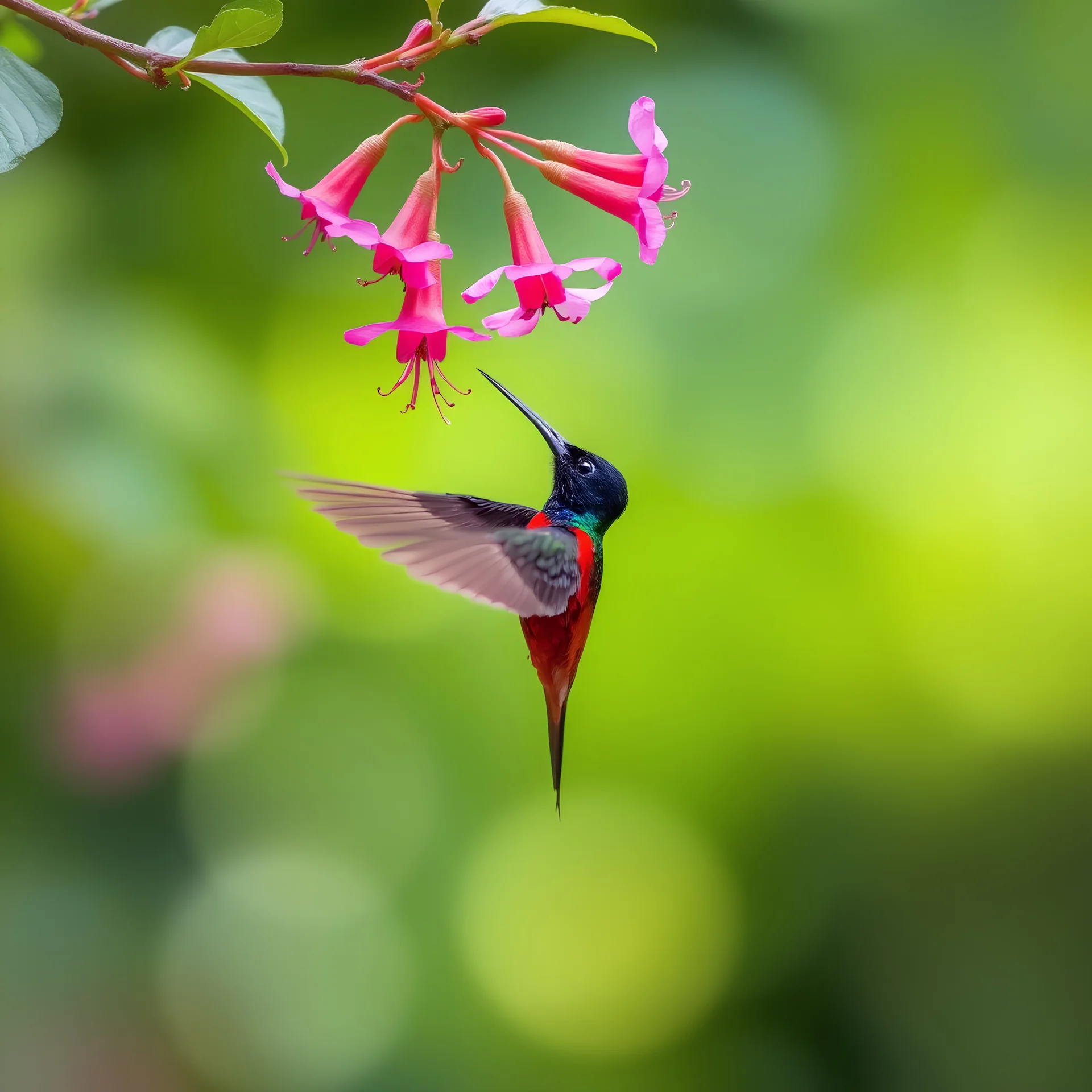 A brightly colored sunbird, likely a Crimson Sunbird, is captured in mid-flight as it approaches a hanging cluster of vibrant pink flowers. The bird has a striking black head, a red and blue iridescent body, and long, slender wings that are frozen in motion. Its curved beak is pointed towards the flowers, which dangle from a thin branch with green leaves. The background is a soft blur of green and light, creating a smooth bokeh effect that emphasizes the bird and flowers. The overall scene is br