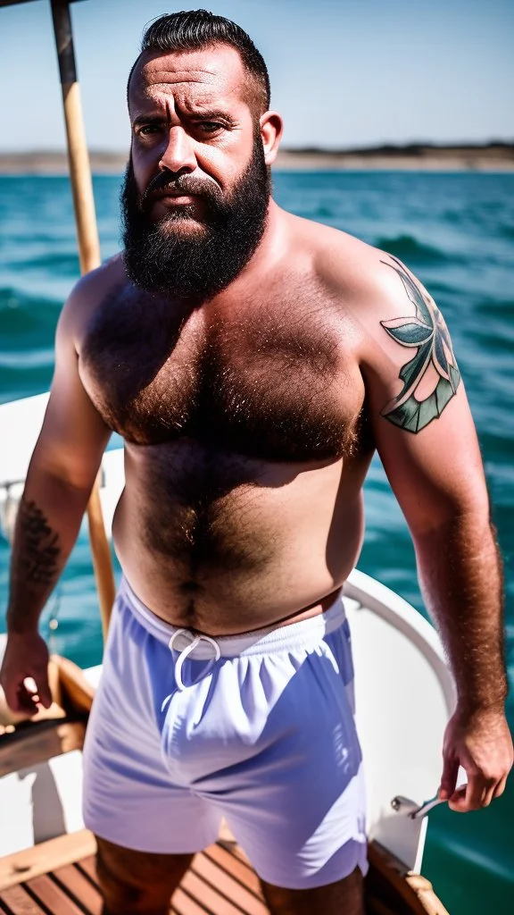 photography of a burly marocan fisherman sunbathing on a fisher wooden boat, in little french briefs, tattoo, manly chest, ugly, 34 years old, bullneck, white long beard, dreadlocks, muscular chubby, angry eyes, photorealistic, Canon EOS, 8k