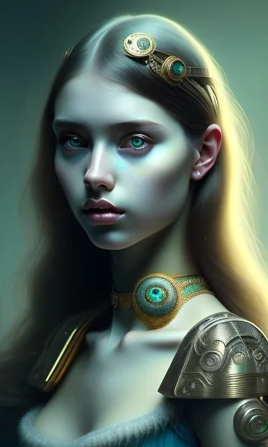 young girl, cute, beautiful, long hair, black hair, green skin, black eyes, turquoise dress, head and shoulders portrait, 8k resolution concept art portrait by Greg Rutkowski, Artgerm, WLOP, Alphonse Mucha dynamic lighting hyperdetailed intricately detailed