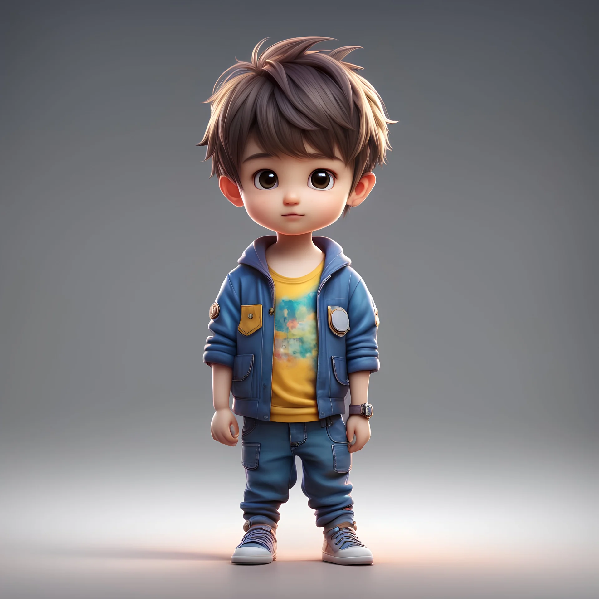 4d photographic image of full body image of a cute little chibi boy realistic, vivid colors octane render trending on artstation, artistic photography, photorealistic concept art, soft natural volumetric cinematic perfect light, UHD no background