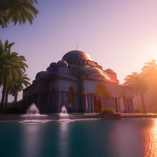 Sultanahmet, spring, sunset, fantasy art, waterfall, palms, lake and blue sky, realistic, unreal engine 5, octane render, cinema4d