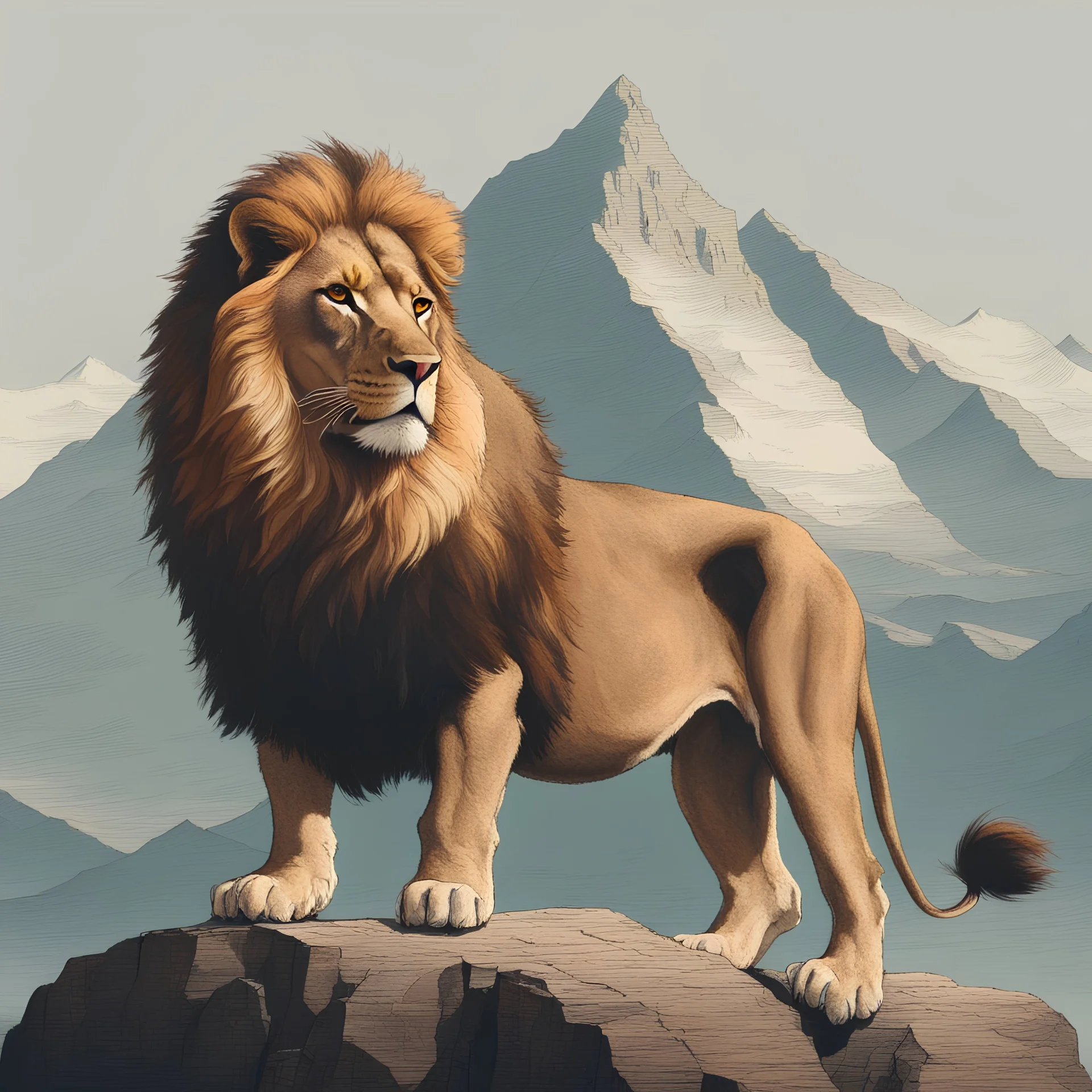 A lion standing on the edge of a very high mountain