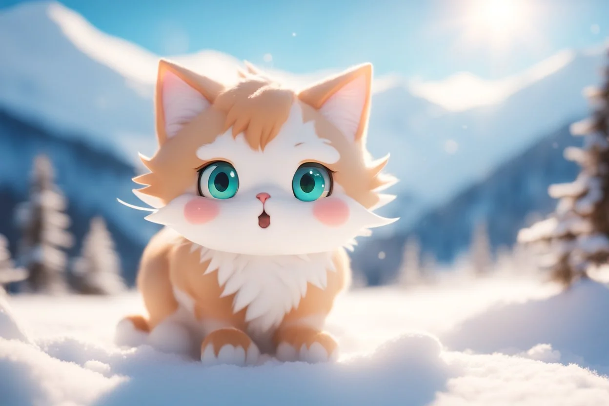 cute chibi anime frightened cat, crashed airplane in the snowy mountains in sunshine, ethereal, cinematic postprocessing, bokeh, dof