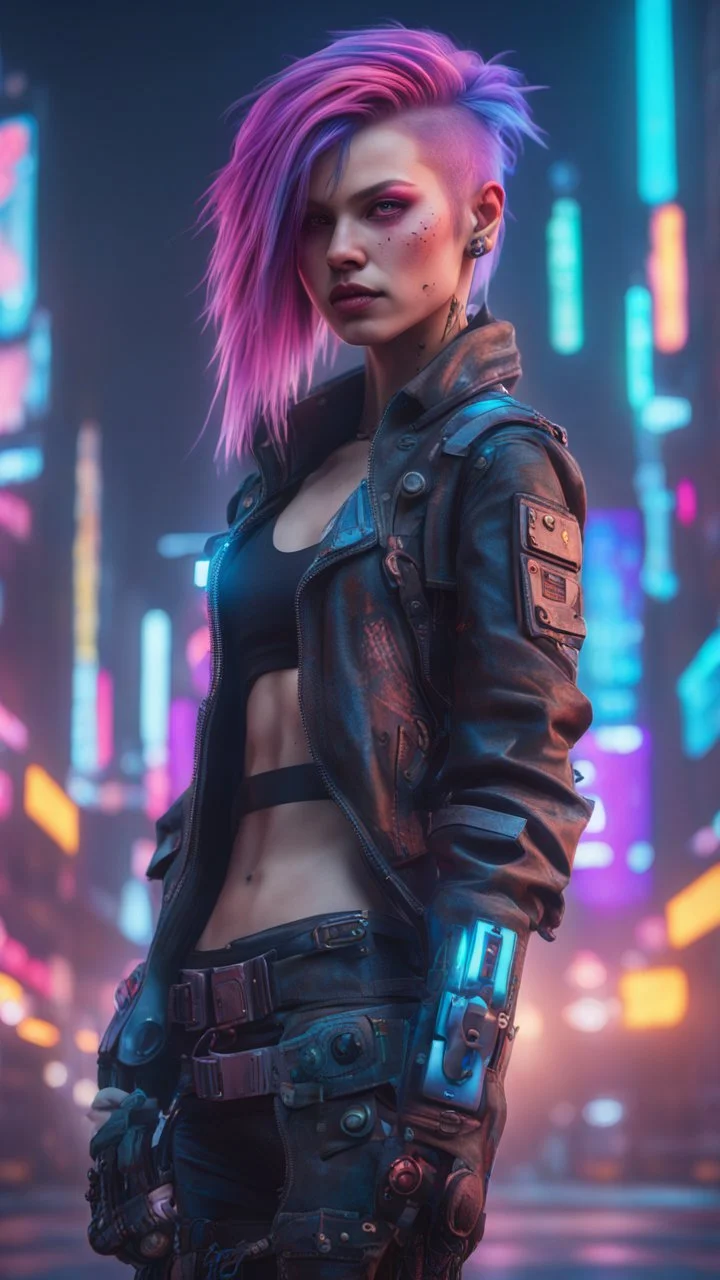 (Photorealistic:1.4) image of a cyber punk girl, (top-quality, 8K, 32K, masterpiece), (dynamic pose), ((facing camera)), (looking at camera), cowboy shot, shapeless hair, colorful hair, colorful cyberpunk clothing, depth of field f/1.8, cyberpunk city background, cinematic lighting.