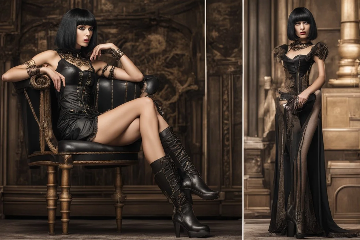 a skinny Cleopatra, with a bob hairstyle, in black boots, standing next to a black gothic seat, in a steampunk setting.