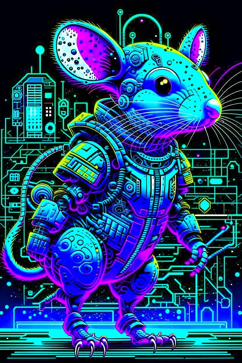 Ilustración lineal estilo Gibli de un ratón con armadura cyberpunk, full body, hiperdetallada, increíble obra de arte, colores complementarios, maximalista