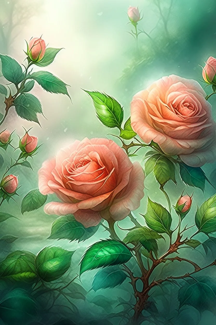 magic Watercolor, double Chinese rose bush, ultra-detailed, morning, rain, greenery, beautiful landscape, fog, many details, delicate sensuality, realistic, high quality, 3d, work of art, hyperdetalization, filigree, foggy haze background, hyperrealism, professional, transparent, delicate pastel tones, back lighting, contrast, fantastic, unreal, translucent, glowing, clear lines, epic fabulous, fabulous landscape, hyperrealism