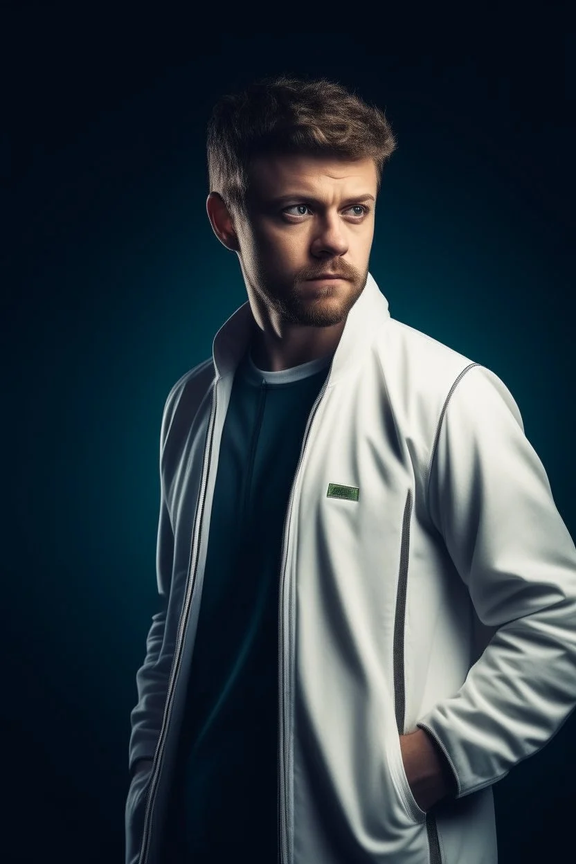 high quality photography 30 year old handsome developer man, stock photo premium, epic view, bright background, low-angle shot, closeup. tennis jacket