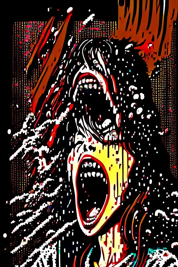 90s Japanese horror illustration, cartoonist Anime art, a woman screaming beheaded, bloody, splatter, gore art, pixelated art, high definition, giallo style, dario argento,