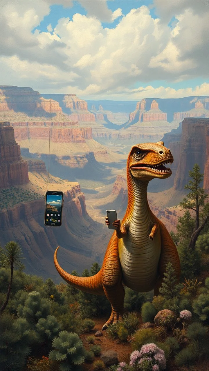 A dinosaur holding an iPhone at the Grand Canyon mountains , in a forgotten battlefield over run by vegetation, cutesy tiktok detailed oil painting, grainy, old style
