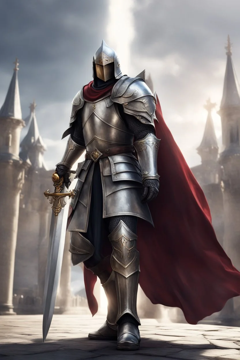 photorealistic holy knight paladin wearing a cape wielding a greatsword temple in the background