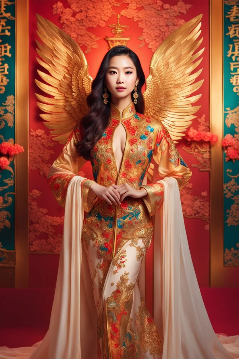 Gorgeous photography full body Beautiful super model Chinese woman dressing Lady Angel colorful art conceptual, amazing artwork, hyper detailed, ultra maximalist quality, 12k , close-up portrait,crystal ornaments background, golden hour