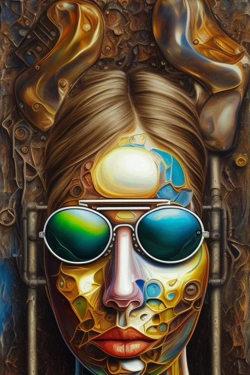 an abstract painting of clouds in sunset, by lucian freud and picasso, rust, scaffolding, iron cladding, decay, mixed media, textured, anatomically correct, beautiful woman perfect face, green eyes, aviator sunglasses, sharp focus, highly detailed. desolate background. the royal tenenbaums