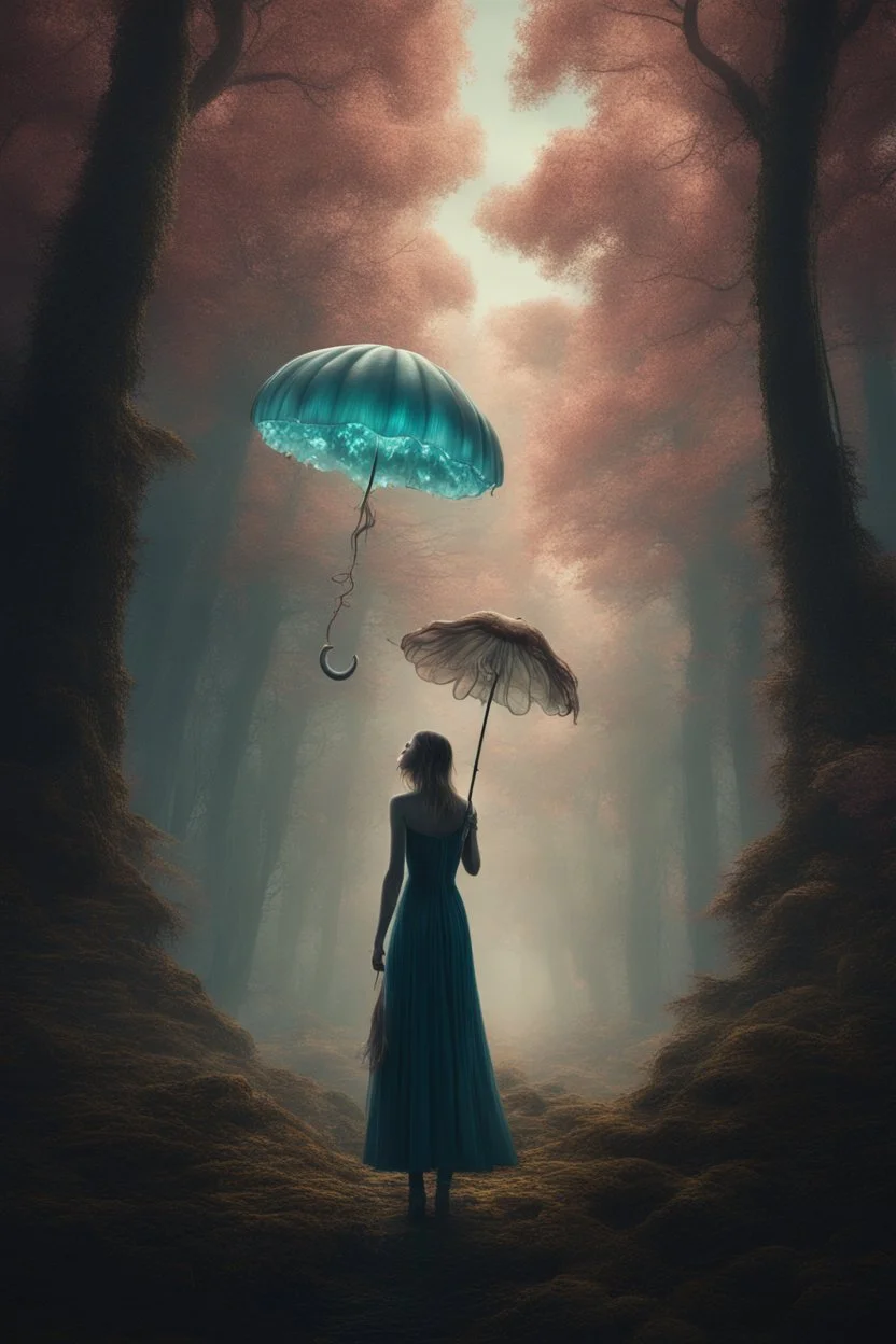 tall slim woman in a dress, in a forest, holding an umbrella made from a jellyfish, detailed matte painting, deep colour, fantastical, intricate detail, complementary colours, fantasy concept art, 8k resolution, Unreal Engine 5