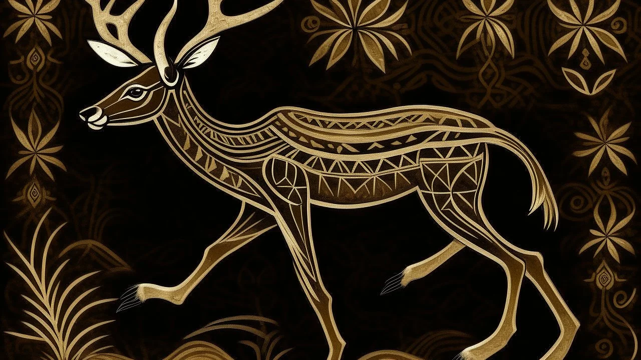 A dark brown earth elemental gazelle designed in native American petroglyphs painted by Katsushika Hokusai