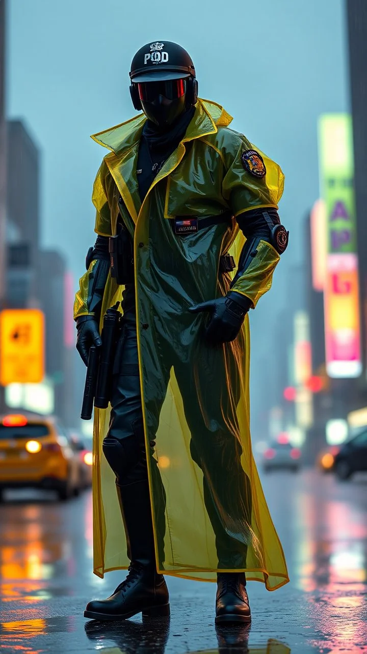 retro futurist, nypd full body color 1920 black policeman with external exoskeleton wtih heavy yellow rain transparent coat