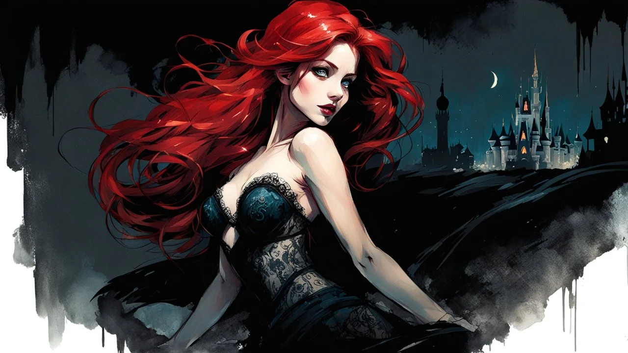 Graphic Novel Full Body Portrait Of Disney Ariel, Gorgeous Red Hair, Big Wide Set Eyes, Cute Nose, Big Pouty Lips, Unique Moody Face, Femme Fatale, Black lace bra and briefs At Night, smiling, Cinematic Detailed Mysterious Sharp Focus High Contrast Dramatic Volumetric Lighting,:: dark mysterious esoteric atmosphere :: digital matt painting by Jeremy Mann + Carne Griffiths + Leonid Afremov, black canvas, dramatic shading, detailed face