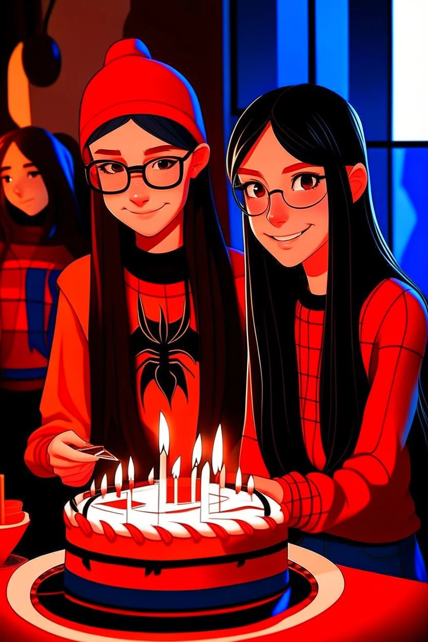 spiderman into the spider verse tarzı 17 yazan mum ile doğum günü kutlayan 2 kız birinin saçı kısa karakterlerin görüneceği kadar aydınlık soldaki kızın saçı daha kısa yüz ifadeleri değişsin çizgi roman tarzı gölgelendirme yüz ifadeleri değişsin sadece 2 kişi pasta ortalansın yüz ifadeleri değişsin