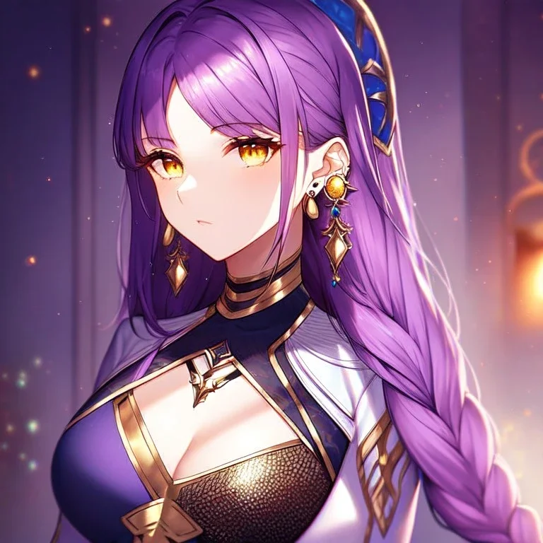 girl, masterpiece, best quality, cinematic lighting, detailed outfit, perfect eyes, purple hair, vibrant golden eyes, braided bangs, earrings,