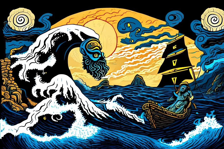 digital painting of the odyssey quest with the mythos cyclops by homer, in the style of hokusai and van gogh