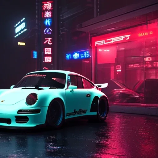 porsche rwb; in an alternate universe in tokyo; cyberpunk; realistic; rain; neon signs