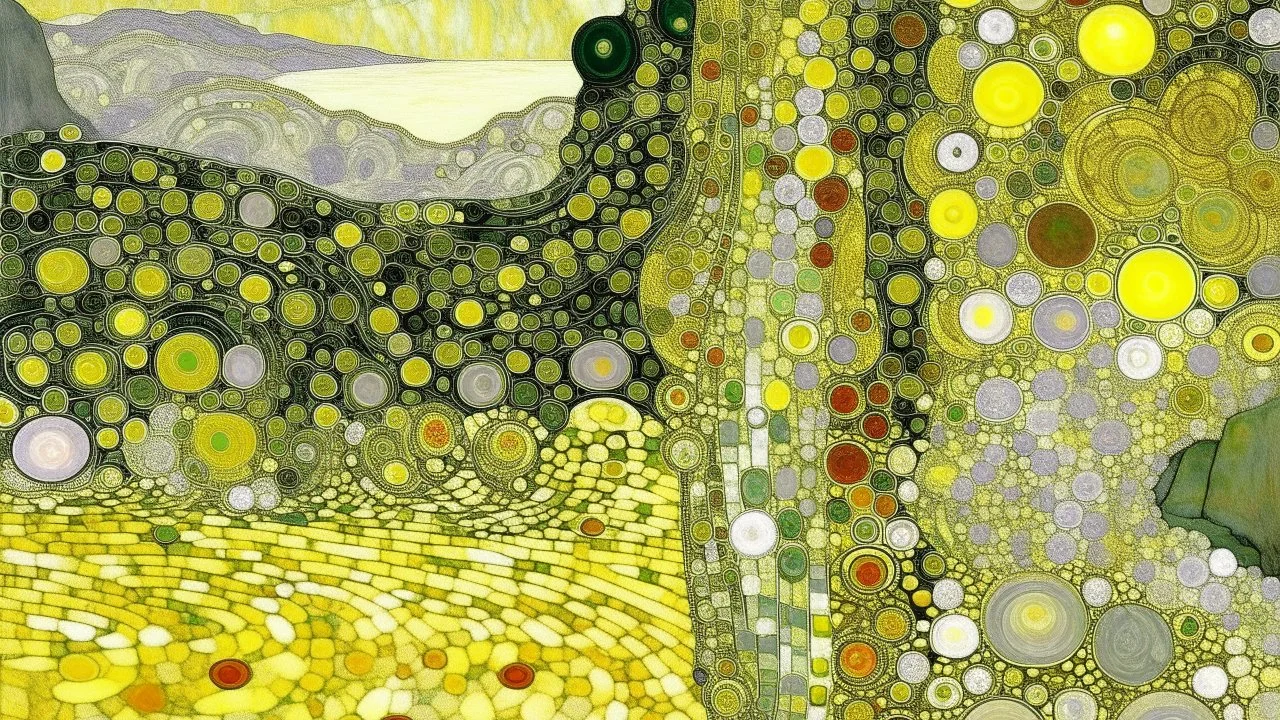 A pale light yellow gorge with shimmering diamonds painted by Gustav Klimt