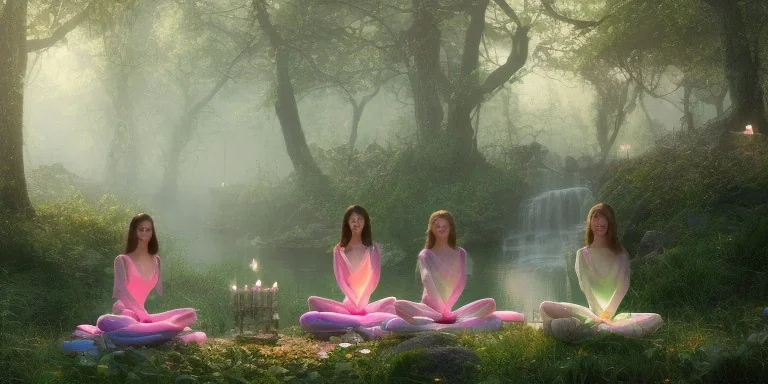 group of beautiful ladies in colour of the rainbow dresses meditating in an enchanted forest with a spring like chalice well at night, candles in the trees, crystals around, insense burning