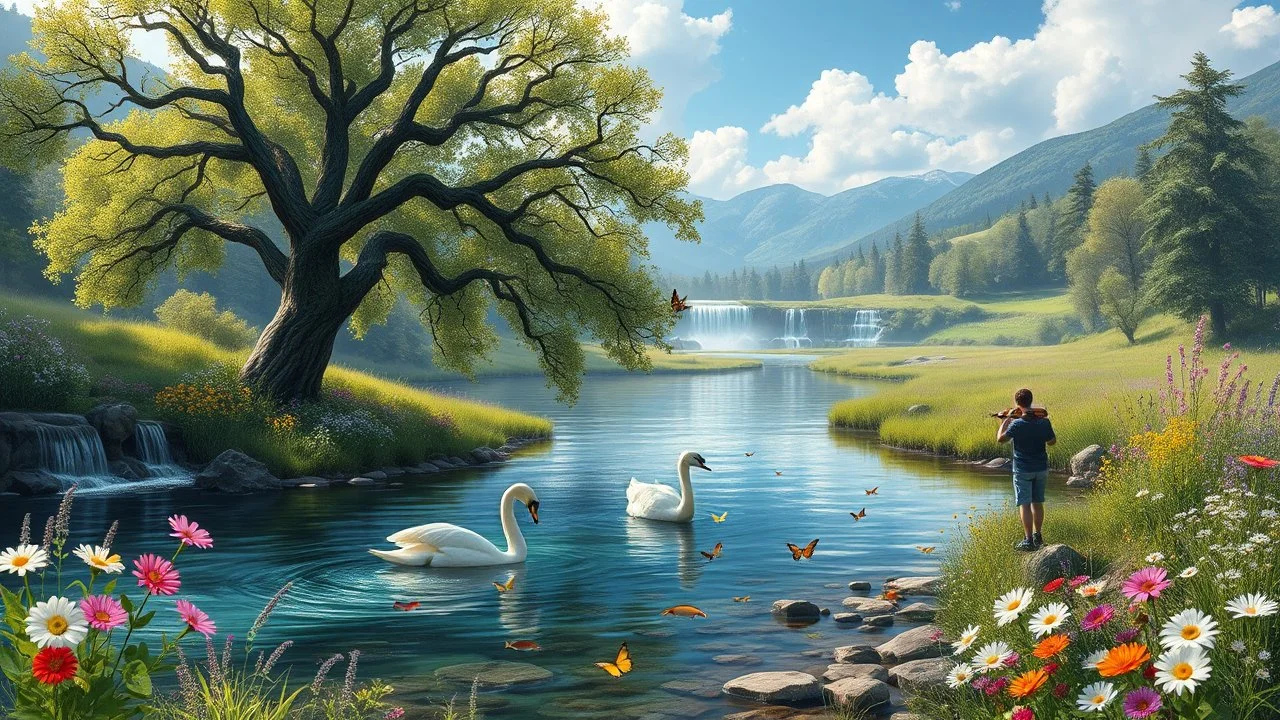 a beautiful river in country side with water falls and big tree,wild flowers and, swans pertty coloful fishes in river ,a pretty Deer with horns in inside plants,butterflies around flowers,heaven escape,some teen agers are dancing a fidller is playing violin
