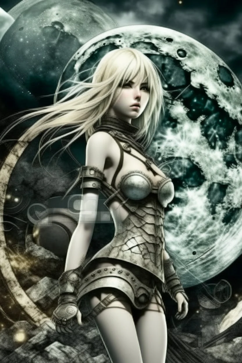 Explosive abstract collage style image of a beautiful anime warrior girl, beautiful blond hair and features, dramatic, pieces of cloth material, textured moon in background, bob wire, gothic surroundings, textures