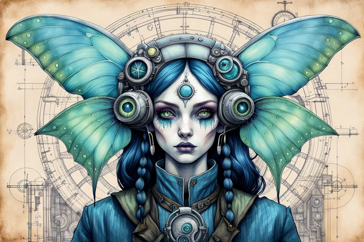 Jean-Baptiste Monge style hand drawn technical, portrait illustration , with detailed blueprints and engineering schematics of a walking hybrid Luna moth goth girl, with highly detailed facial features with multi cellular eyes, drawings, and technical notation, 8k, vibrant natural colors, whimsical fantasy