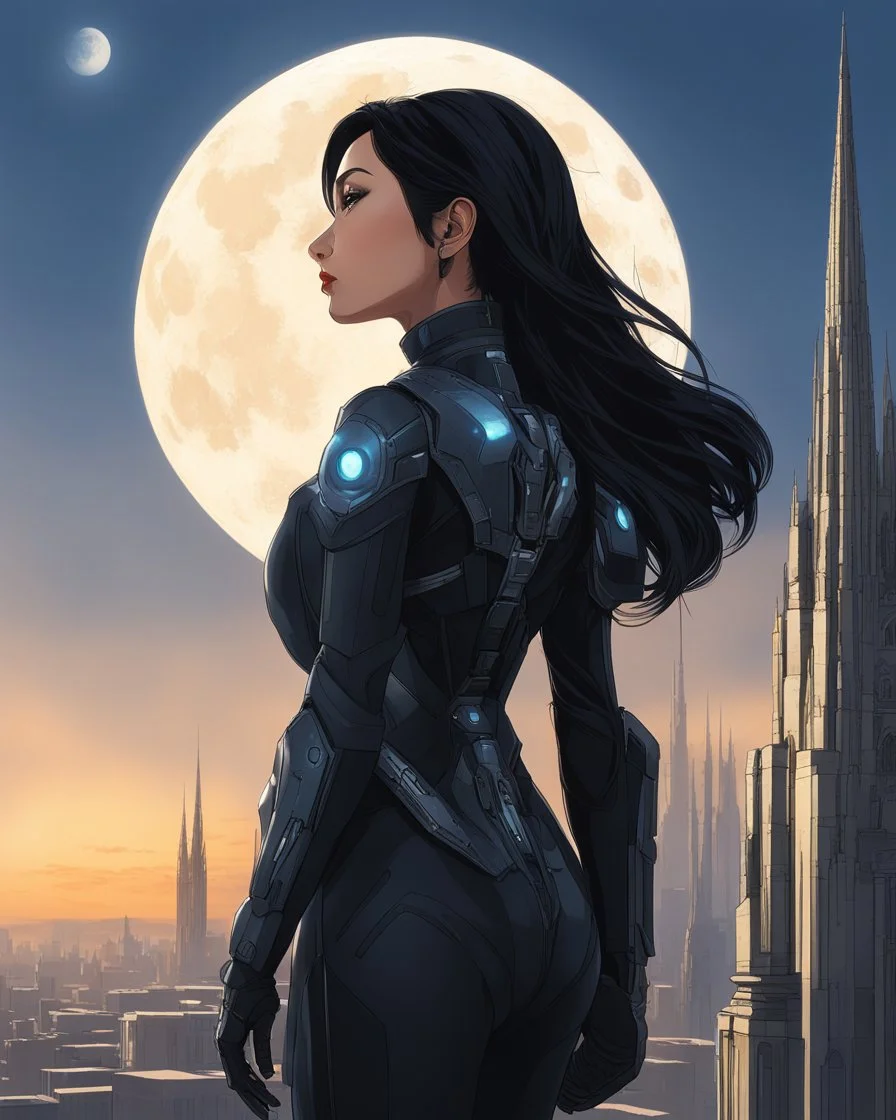 A slim Woman With Black Hair, Wearing an android-looking suit, standing sideways On a ledge of a building, with a waning moon Behind Her Head, towering spires and buildings highlighted by the setting sun