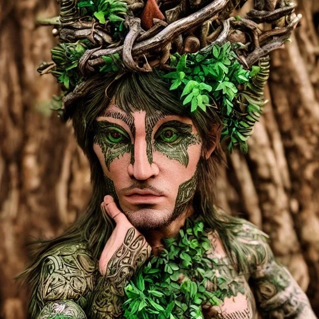 Insanely detailed photograph of An elaborate masculine forest elf man wooden skin with green eyes and wooden headpiece and tattoos, colours plants and forest