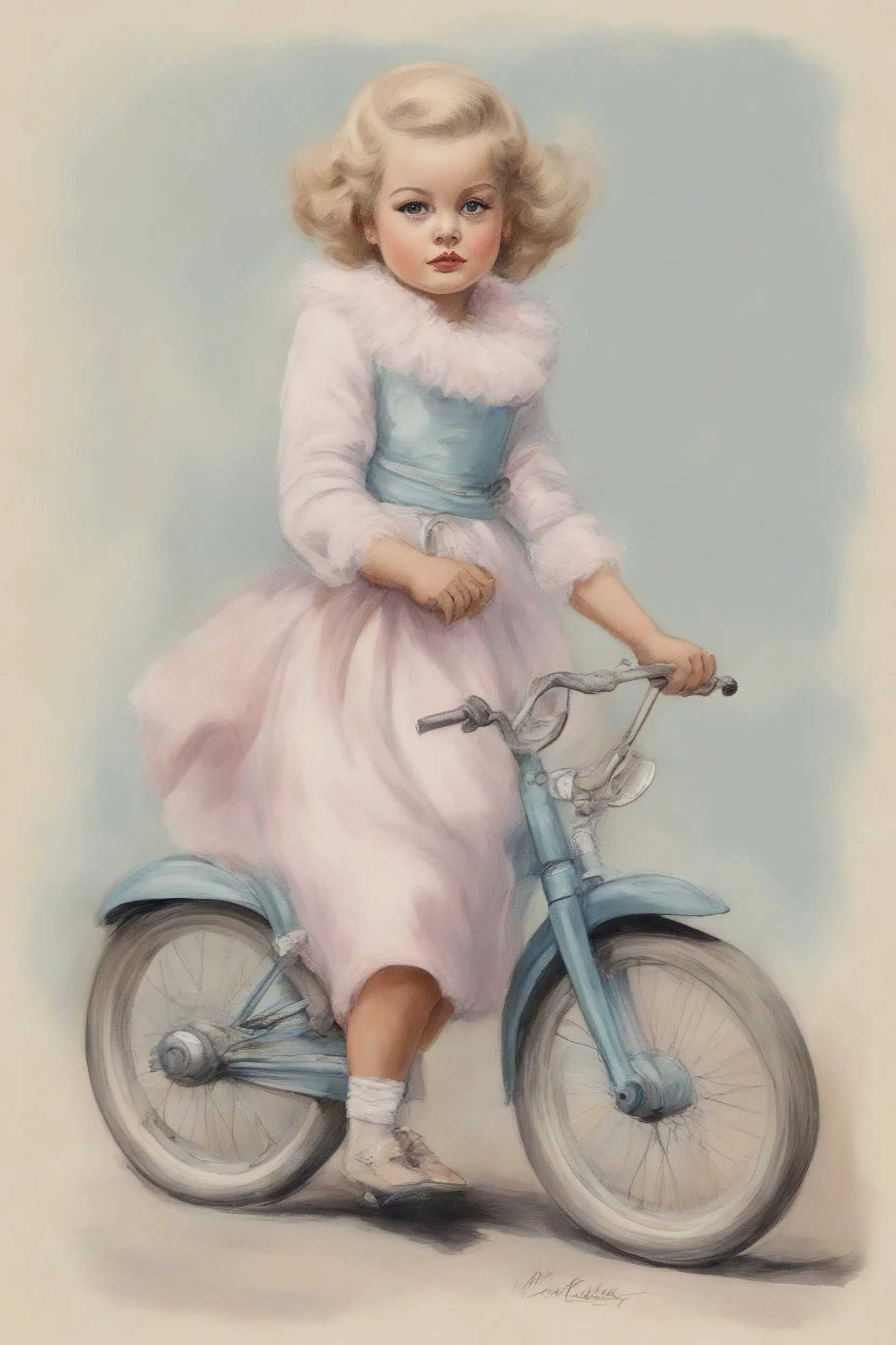 Illustration of anita ekberg as a toddler, redingote à bike, style of Marcel Marlier, pastel colors
