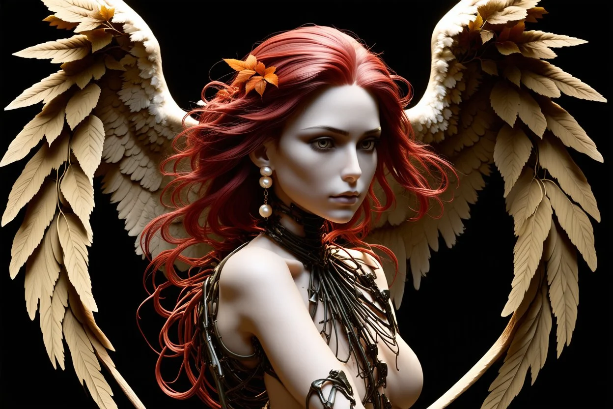 3D render ultra detailed of a beautiful angel, from knee to head, biomechanical cyborg, analog, 35 mm lens, beautiful natural soft rim light, big leaves and stems, roots, fine foliage lace, colorful details, samourai, pearl earring, heavely tattoed, intricate details, mesh wire, mandelbrot fractal, facial muscles, cable wires, microchip, badass, hyper realistic, ultra detailed, octane render, volumetric lighting, 8k post-production, red and white, detailled metalic bones, semi human, by Glenn Br