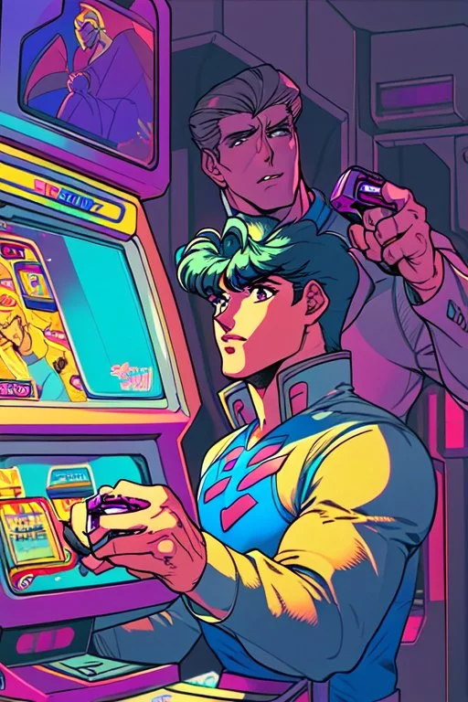 a millineal teenage boy is playing video arcade games, bright colored clothes from the 90s, hairstyles of that time