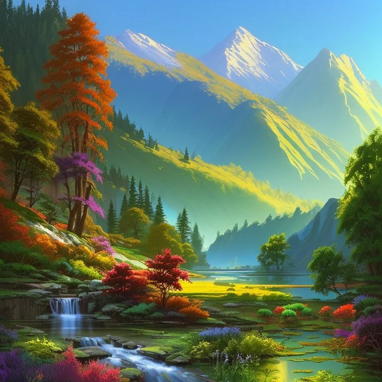 Serene landscape by day with sunlight beams with river running trough mountains, a forest with a lot of vibrant colors, in the style of bob ross, thomas kadinskade and albert bierstadt. Peacefull and calming, intricate details, vibrant.