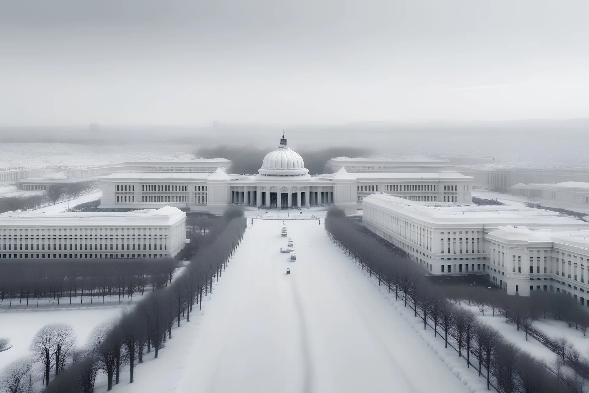 Washington DC on a snowy day, futuristic, white, dreamy, highly detailed 8k