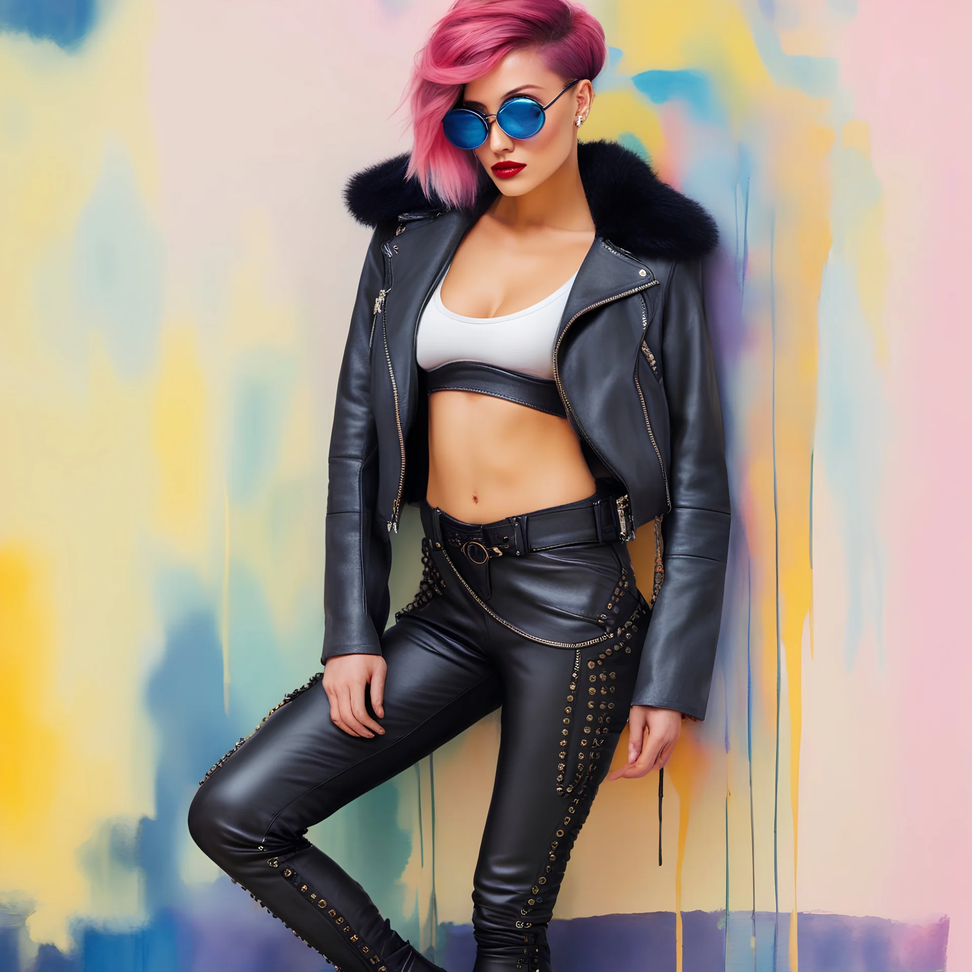 full body portrait -- an absolutely stacked female strawberry with pixie-cut hair, a perfect hourglass figure, perfect face, wearing a studded, black leather biker's jacket and pants with 12-inch platform boots and goggles, bright, colorful, multicolored, watercolor stained wall in the background