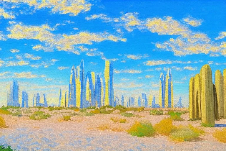 Sunny spring day, Futuristic buildings near the desert, impressionism painting