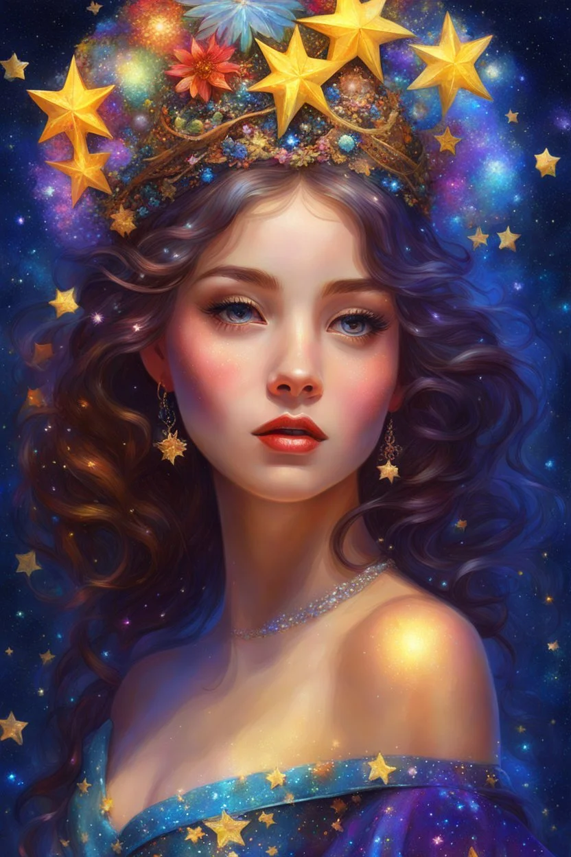 a girl in a dress with stars on her head, beautiful fantasy art portrait, beautiful fantasy portrait, colorfull digital fantasy art, by Victor Nizovtsev, stunning digital illustration, carlos ortega elizalde, anime girl with cosmic hair, very detailed digital painting, exquisite digital illustration, highly detailed digital painting, in stunning digital paint, beautiful fantasy painting