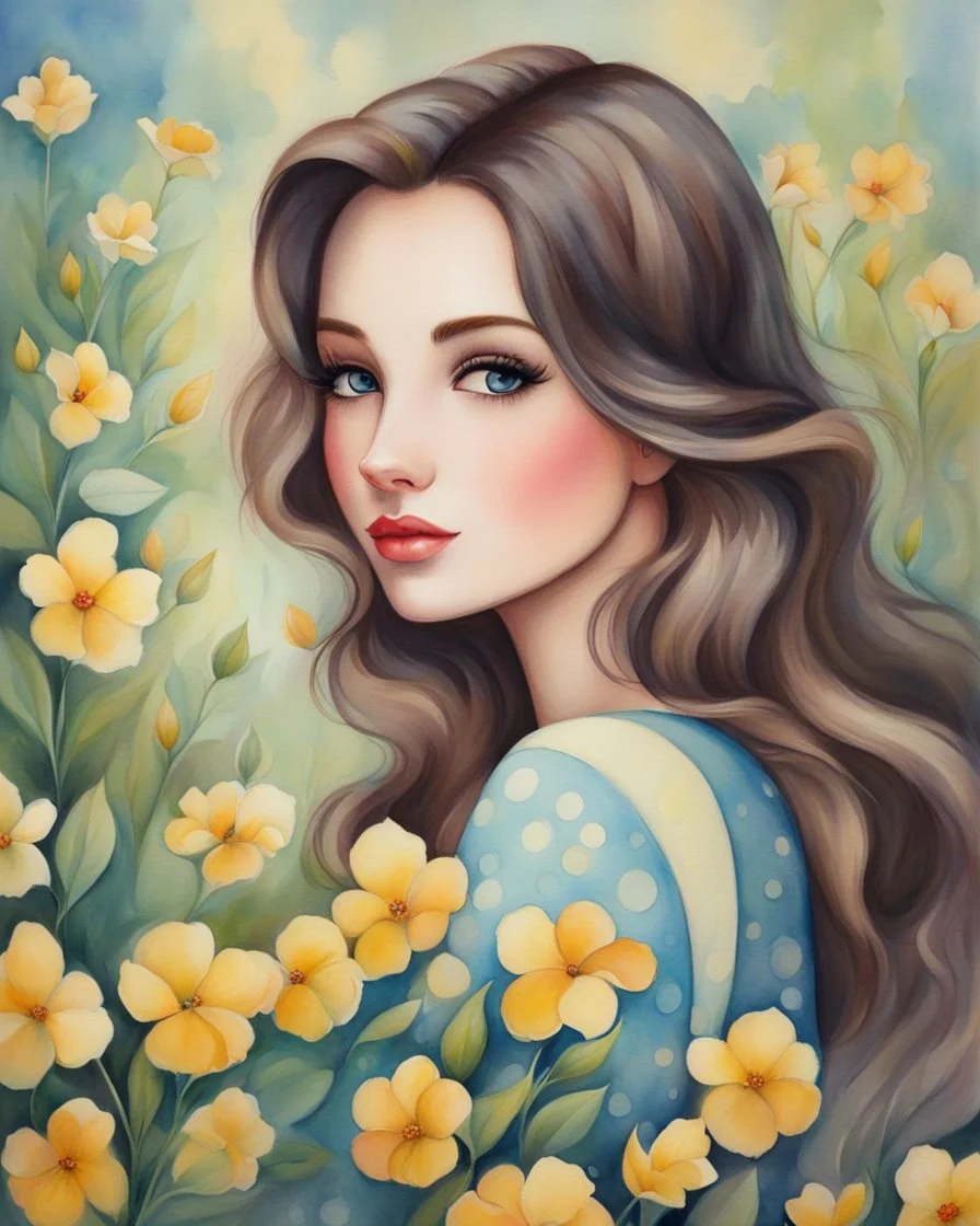 Painting of a beautiful girl, vintage, close-up face, watercolor, watercolor painting, by Jeremiah Ketner, flowers, 20 years old, 1955, pretty face