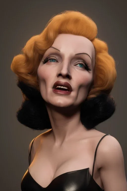 young Marlene Dietrich as evil queen in black leather gown, angry, busty, curvey, cleavage, unreal 5, octane render,cinema4d, dynamic lighting, dramatic lighting, 4k, redshift render, highly detailed, hyper realistic