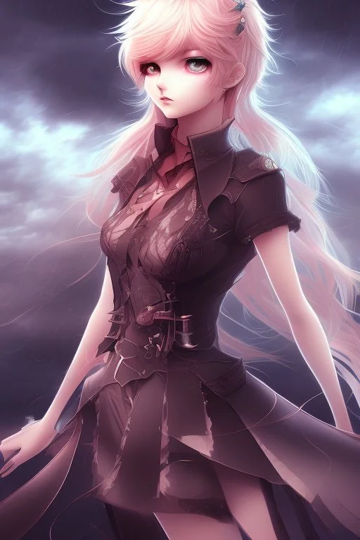 Stunning anime beauty with striking looks in a stormy background