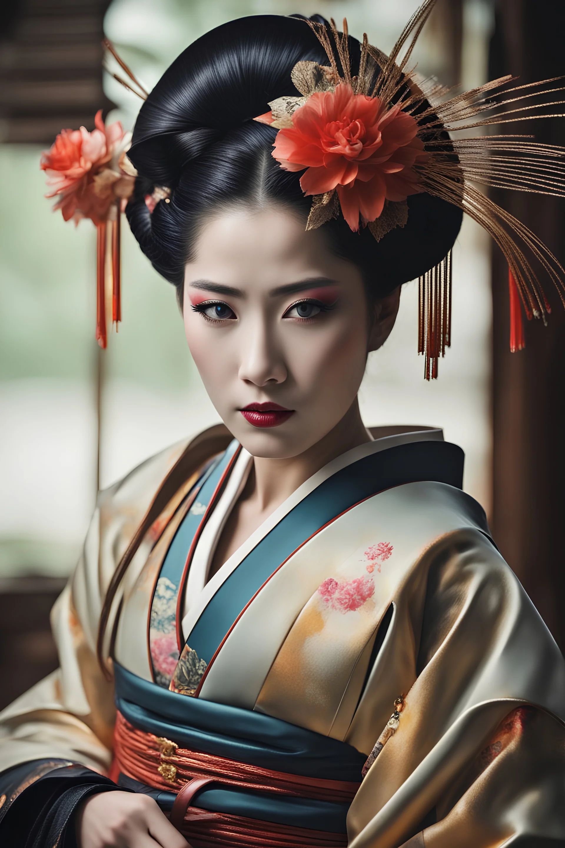 Ultra realistic photo beautiful geisha woman, futuristic style, HOF, captured with professional DSLR camera, 64k, ultra detailed,