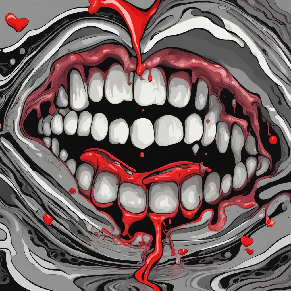 Surreal digital illustration of only a floating mouth that is puking out a psychedelic love spell, spilling from the large pair of cartoonist , overexaggerated lips, manga inspired, absurdist, postmodern, only black and grey color palette, crude, fluid acrylic paint, epoxy resin , acrylic pour, unusual colors, trippy, gross, abstract, pulp fiction art style illustration, realvsx